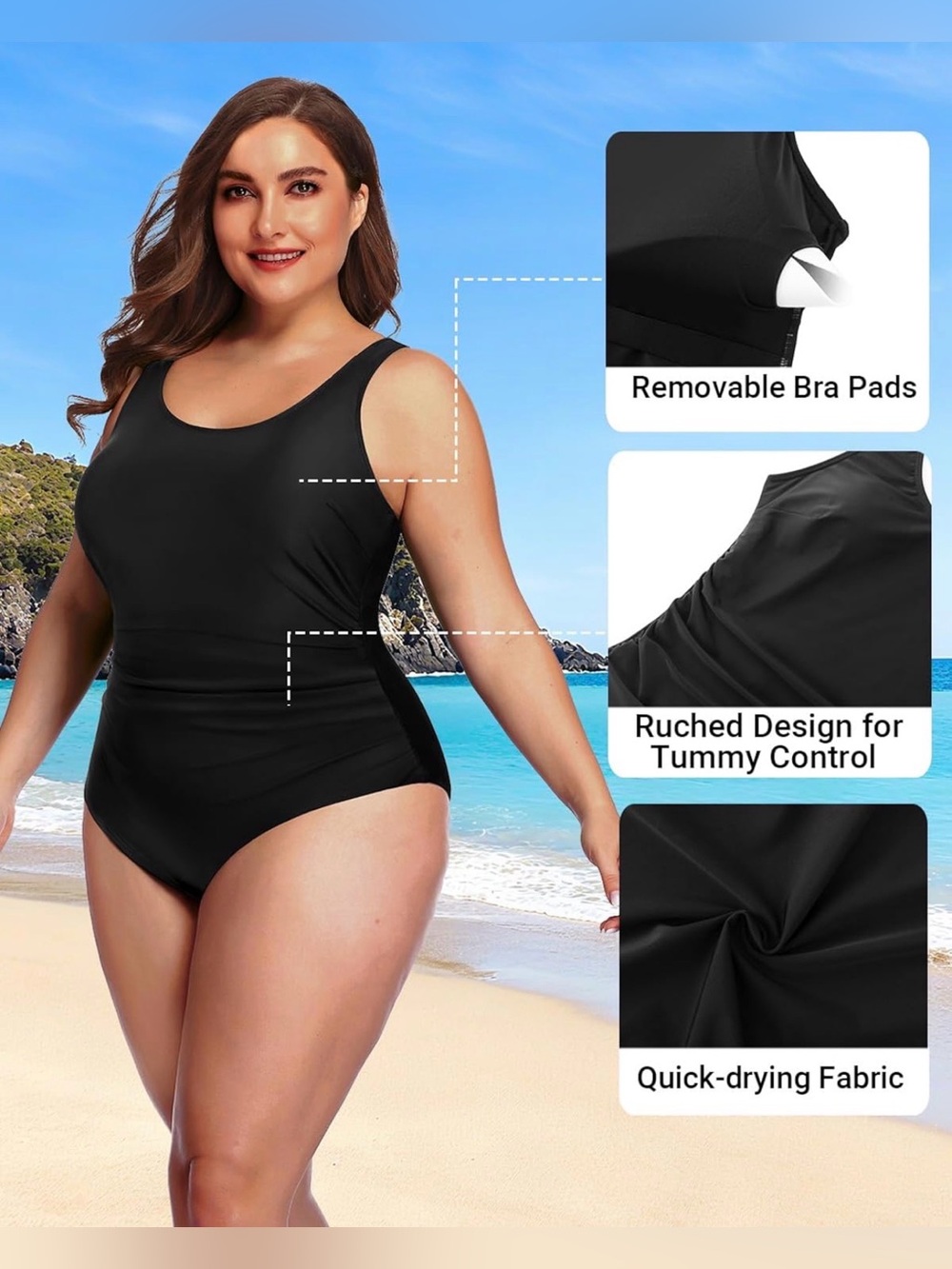 Daci Black One Piece Swimsuit Athletic Tummy Control Ruched XL NWT - Picture 6 of 10